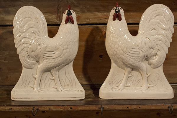 A Pair of Staffordshire Pottery Cockerels with Red Comb and Wattles
