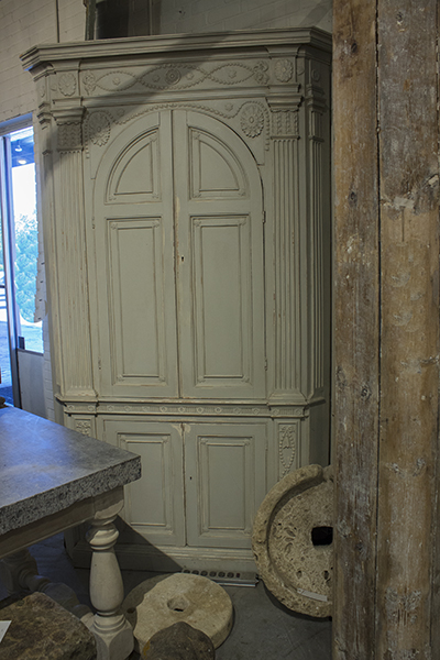 English Adams Style Painted Corner Cupboard with Bead work on outside and Carved Shell Dome in Top Storage Area.