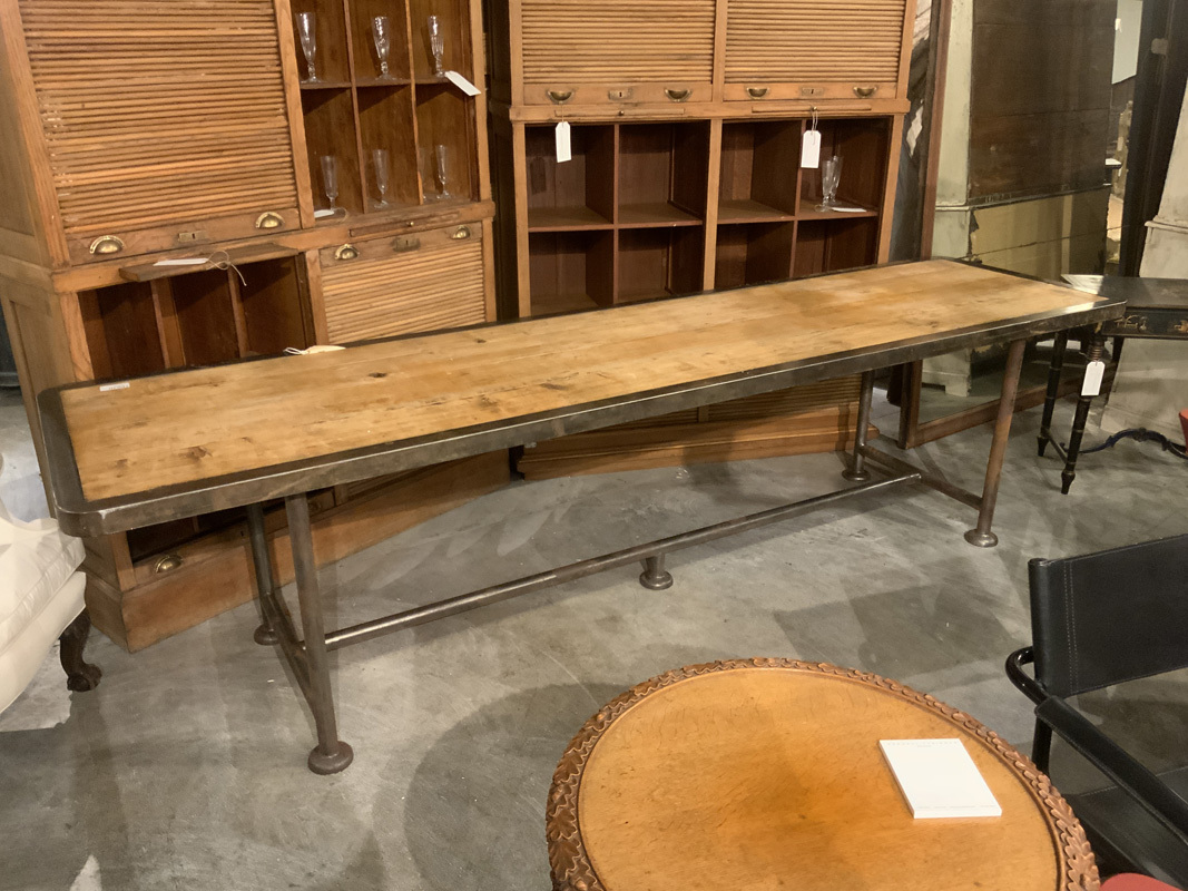 French Long Iron Bound Industrial Table