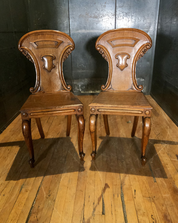 Pair of Large Scottish Oak Hall Chairs with Shield Backs
