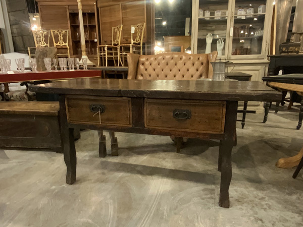 18the Century Spanish Walnut Table, Single Piece Top Over Two Geometrically Carved Drawers, Raised Fret Work, Carved Stretchers