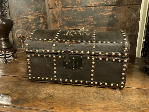 18th Century Skin Covered Dome Top Coffer, Brass Studded with the Intitial's E.W.