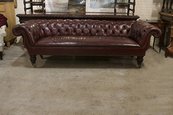 English Red leather three seat chesterfield, large scrolled arms, deep buttoned seat the chesterfield is raised on mahogany turned legs with casters.